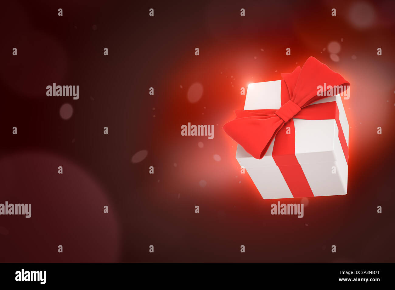 3d rendering of white gift box with red ribbon on dark neon background ...