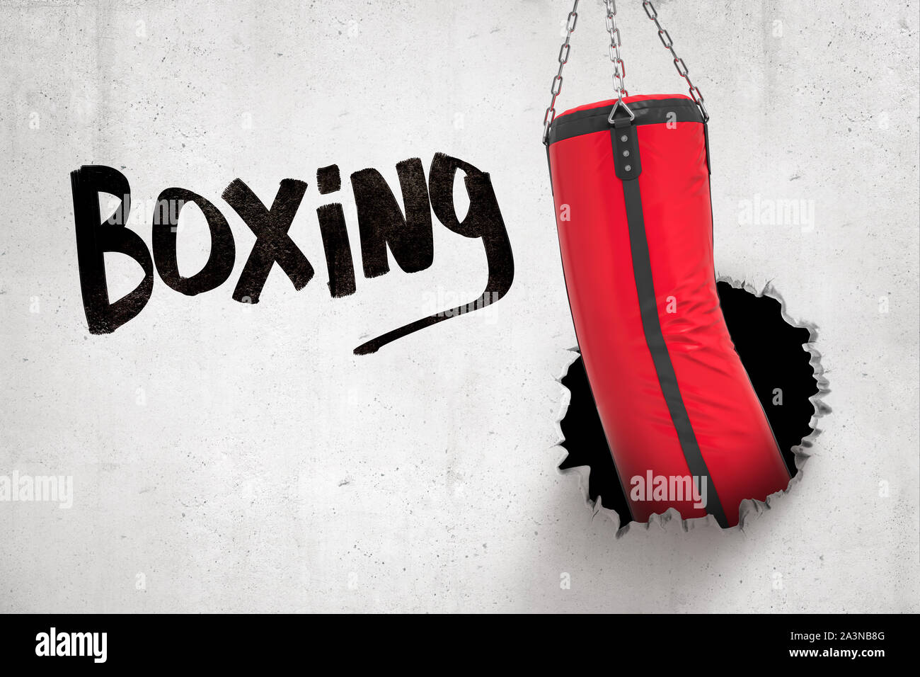 3d rendering of red punching bag breaking white wall with &lsquo;Boxing&rsquo; sign