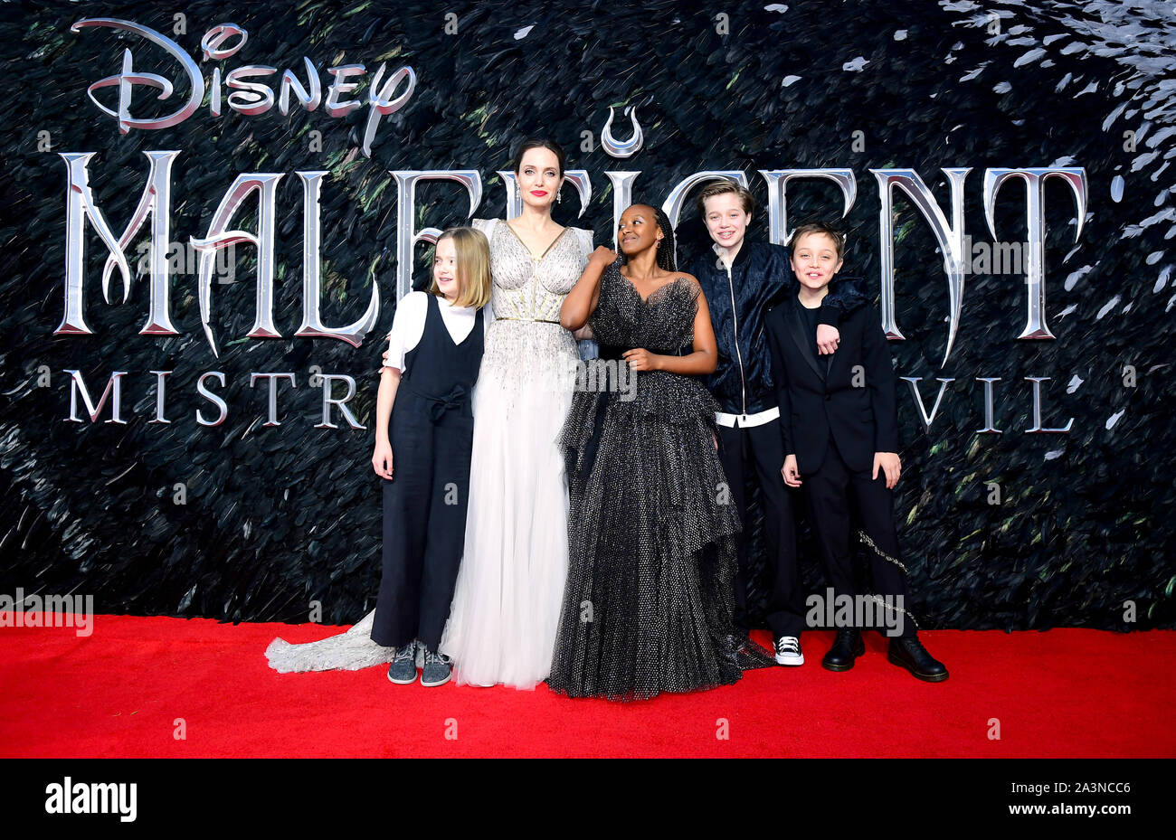 Angelina Jolie with children (left to right) Vivienne Marcheline Jolie-Pitt, Zahara Marley Jolie-Pitt, Shiloh Nouvel Jolie-Pitt and Knox Leon Jolie-Pitt attending the Maleficent: Mistress of Evil European Premiere held at Imax Waterloo in London. Picture date: Wednesday October 9, 2019. See PA story SHOWBIZ Maleficent. Photo credit should read: Ian West/PA Wire Stock Photo