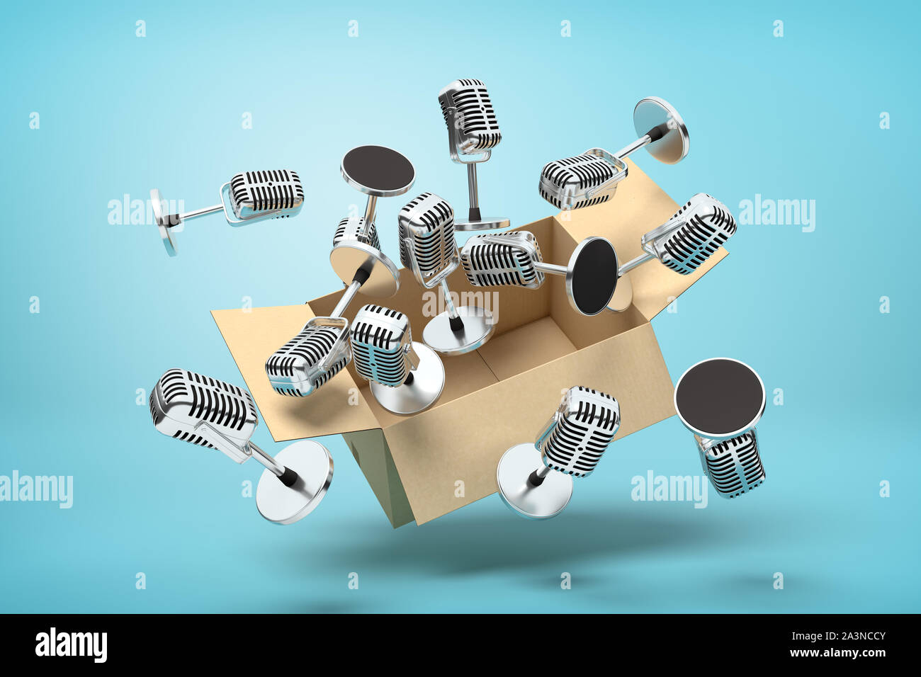 3d rendering of cardboard box suspended in air full of microphones which are flying out on light-blue background. Stock Photo