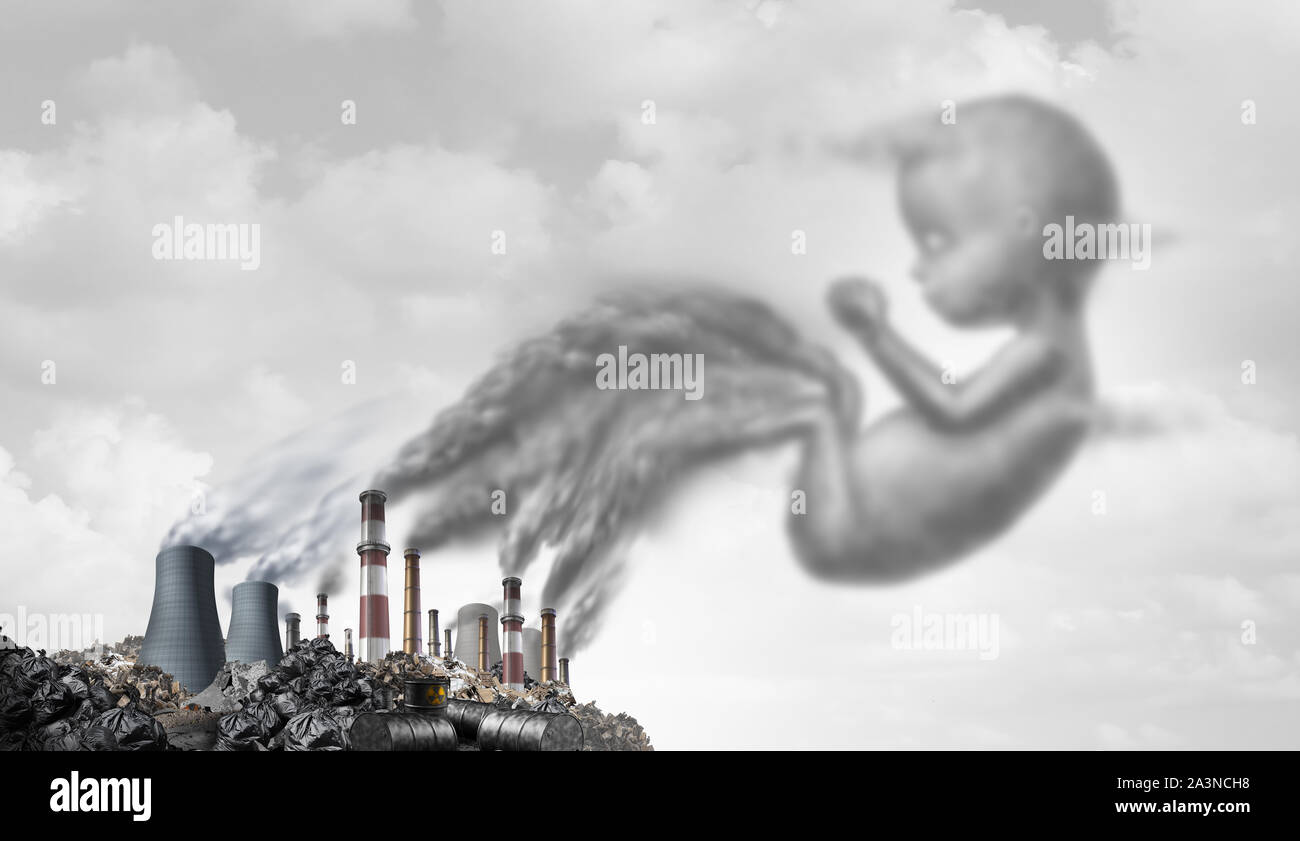 Pollution and pregnancy risk to the unborn fetus as polluted smoke stacks and toxic waste as an environmental danger to a mother and baby. Stock Photo