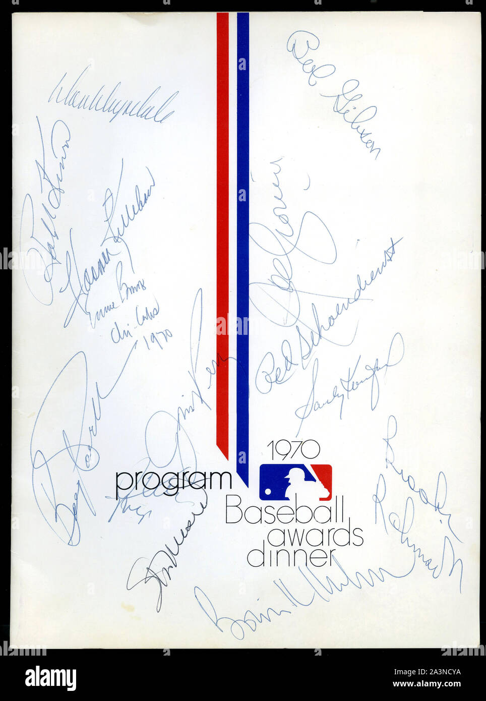 1970 Baseball Awards Dinner program cover autographed by iconic Hall of Fame players such as Sandy Koufax, Ernie Banks and Stan Musial. Stock Photo