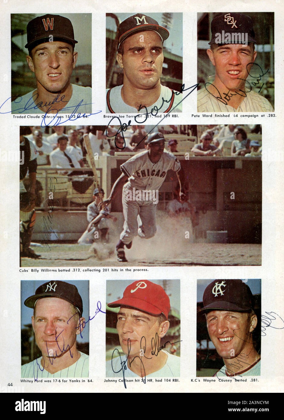A 1960s era sport magazine page featuring star baseball players with several autographs including Hall of Famers Joe Torre and White Ford. Stock Photo