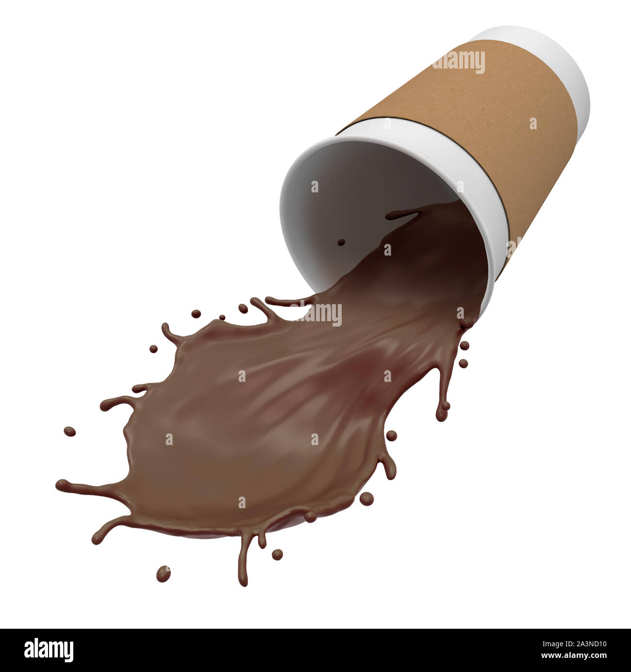 3d close-up rendering of overthrown paper cup with hot chocolate ...