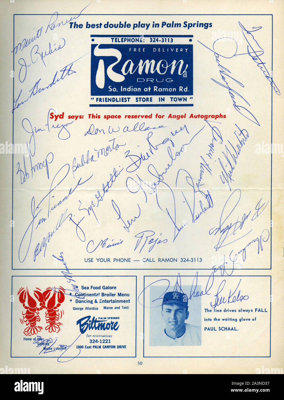 A late 1960s era Spring Training baseball program from Palm Springs, CA with autographs from the California Angels players. Stock Photo