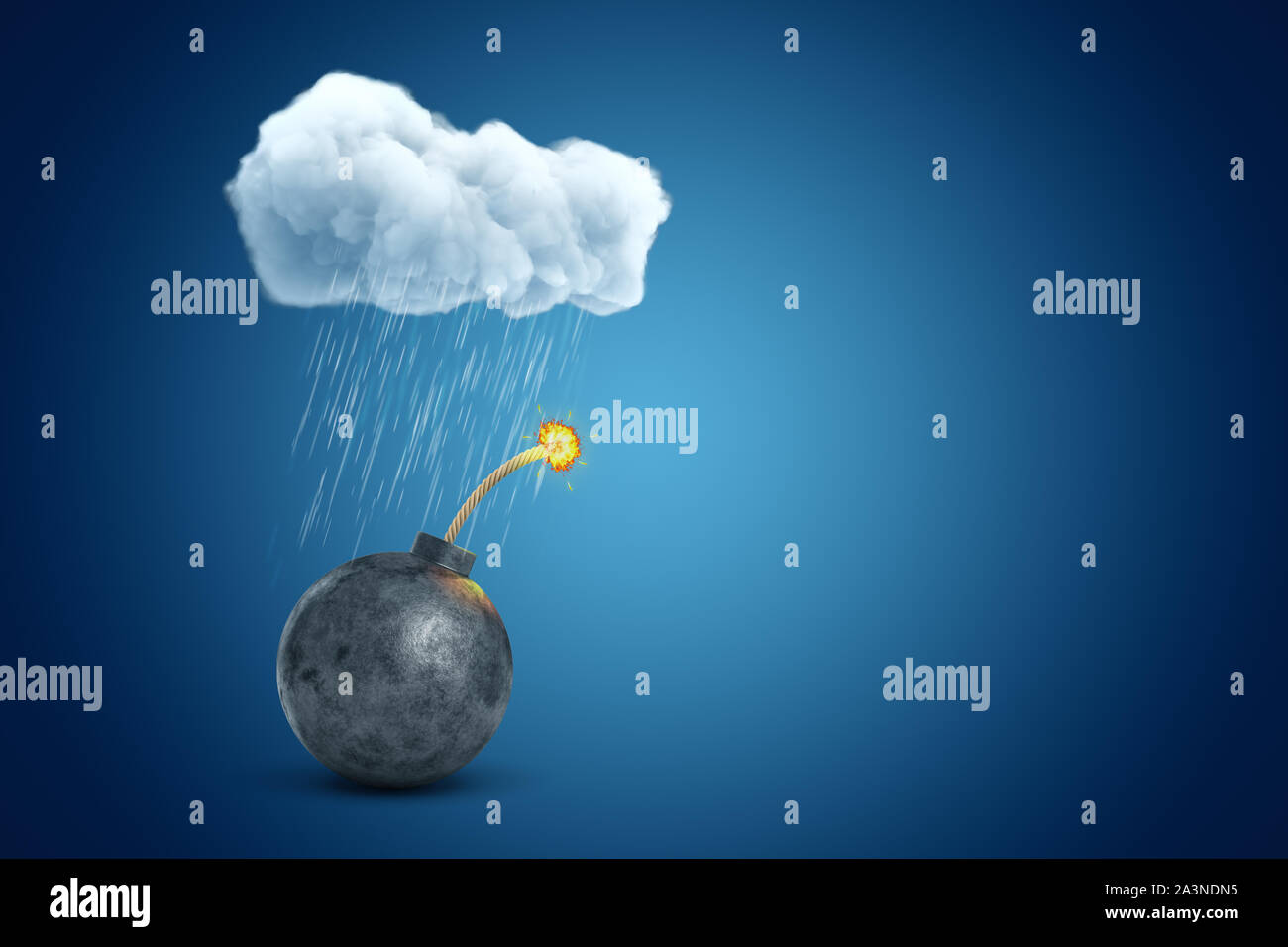 3d rendering of black ball bomb under raining cloud on blue gradient background with copy space. Stock Photo