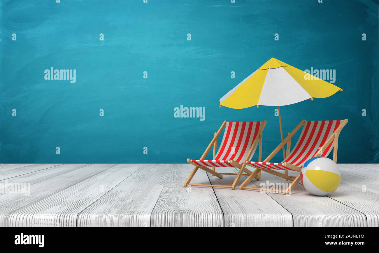 3d rendering of beach chairs and umbrella with rainbow beach ball on white wooden floor and dark turquoise background Stock Photo
