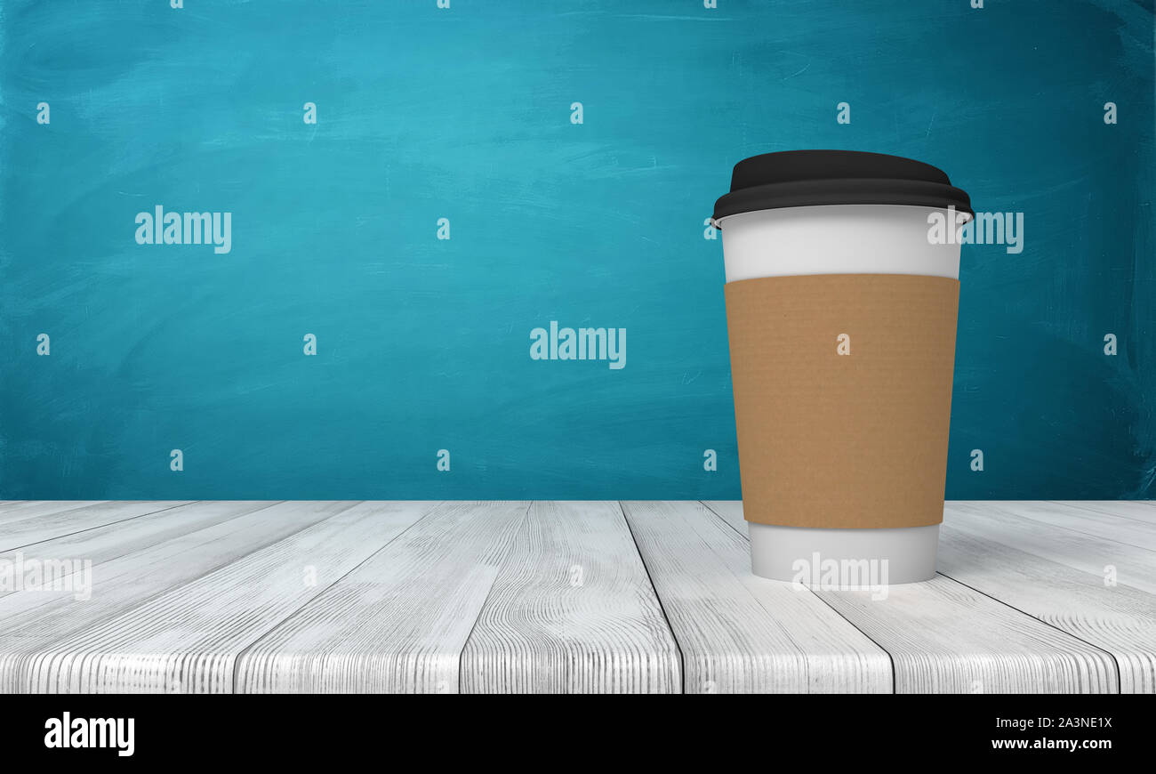 3d rendering of paper coffee cup on white wooden floor and dark turquoise background Stock Photo