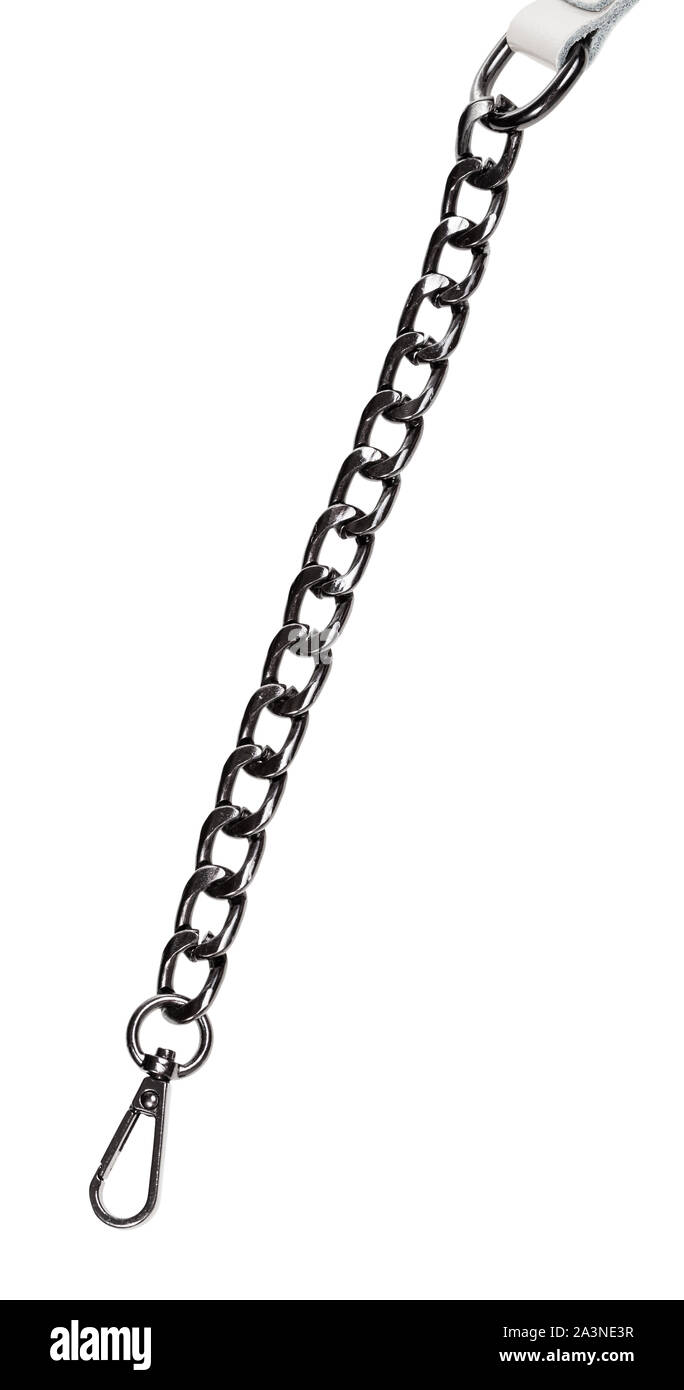 black chain with carabiner on the end of leather belt isolated on white background Stock Photo