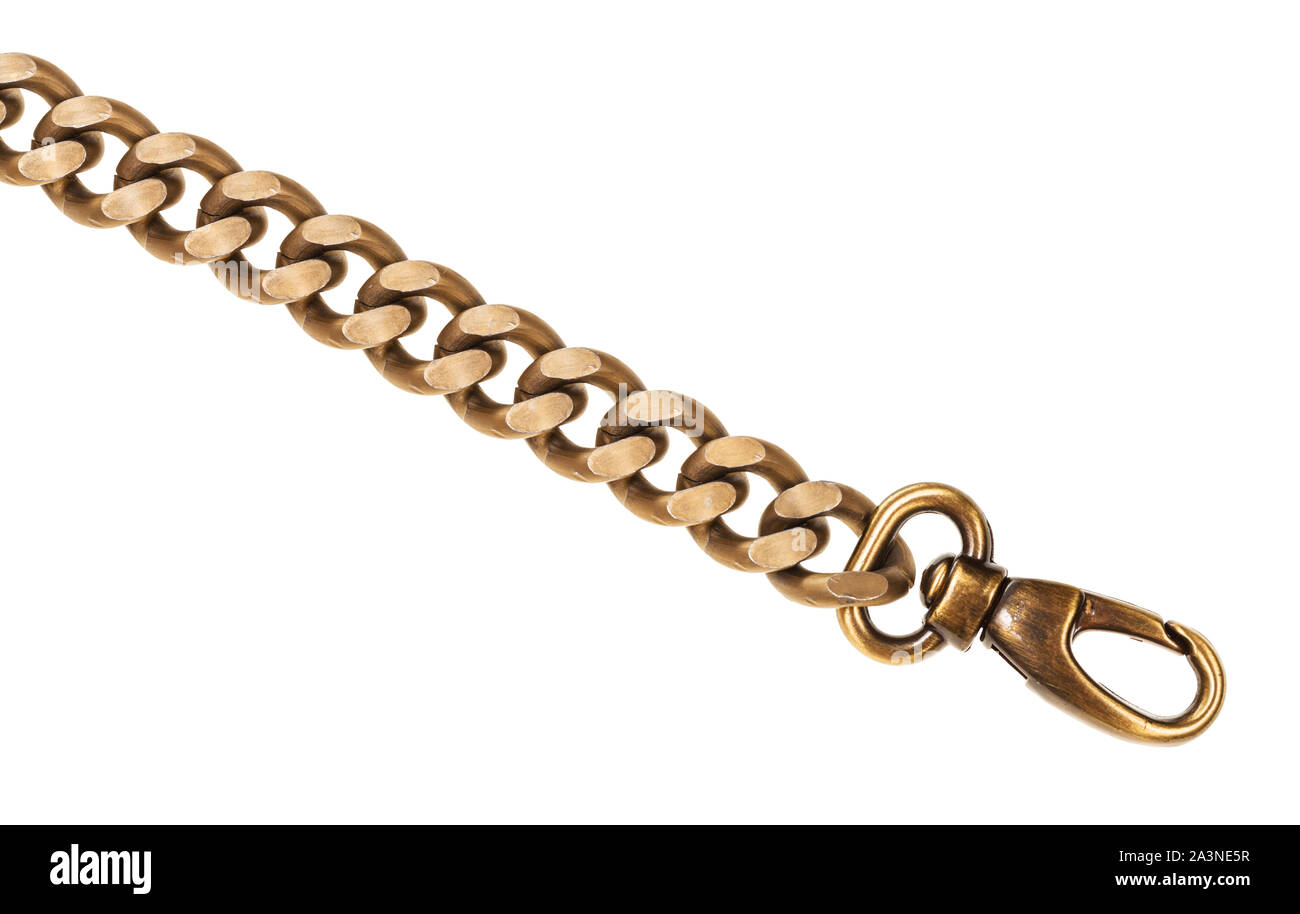 yellow chain with carabiner close-up isolated on white background Stock Photo