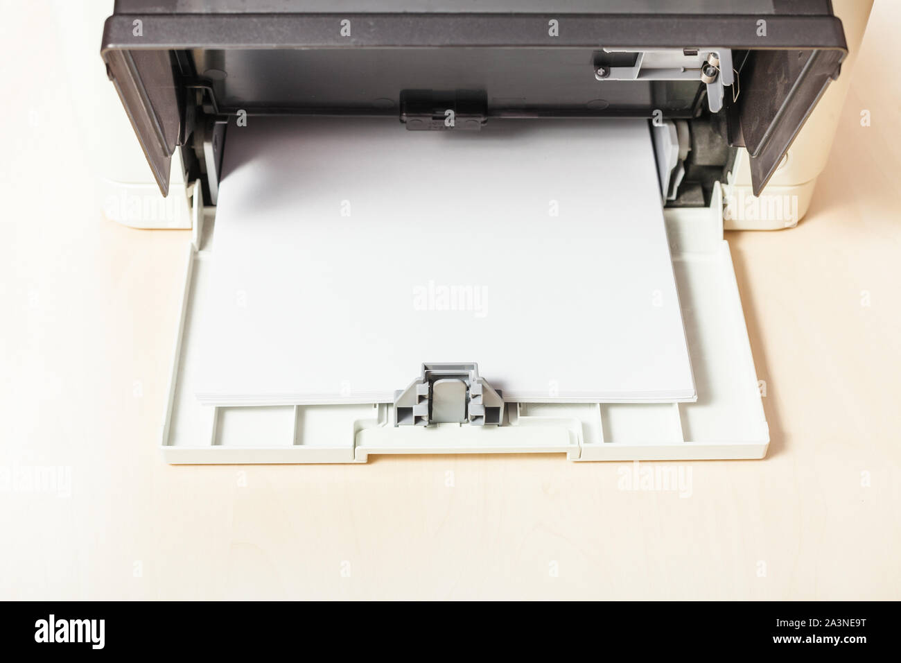 sheets of blank white paper in printer tray of multi function device on