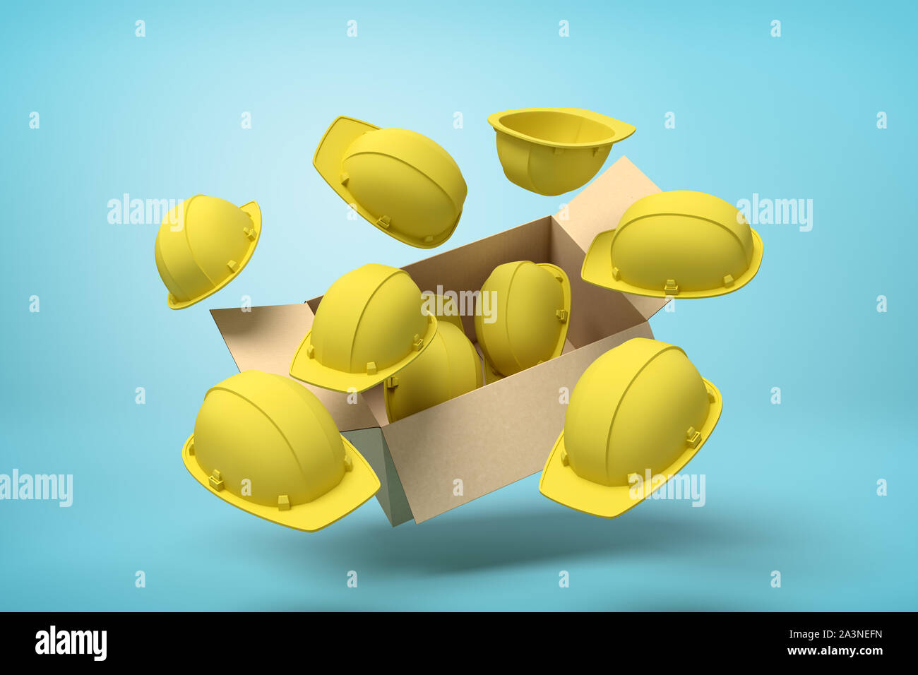 3d rendering of open cardboard box suspended in air with yellow hard hats flying out and around on light-blue background. Stock Photo