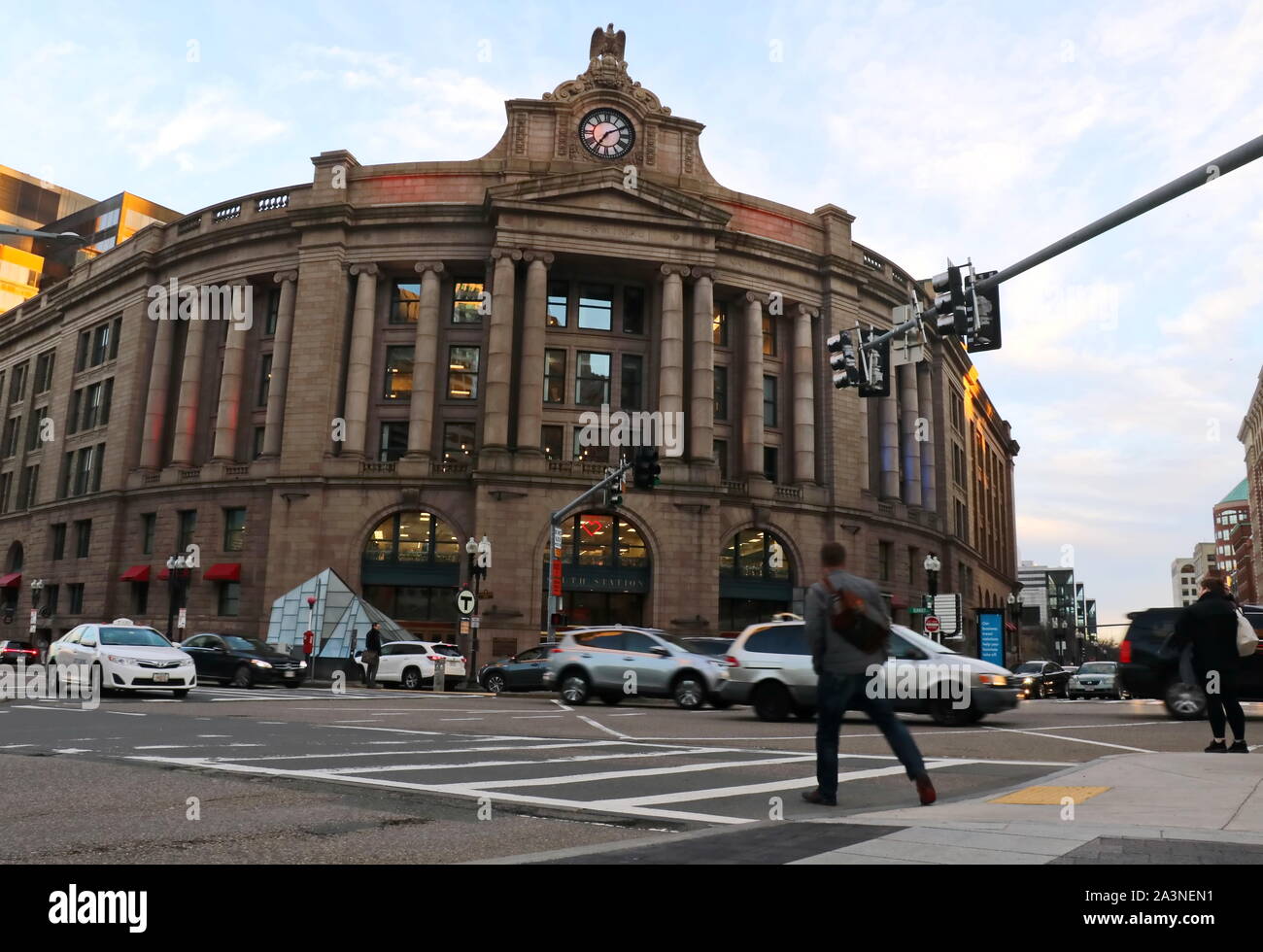 Boston, MA / USA - April 17, 2019: Street view shot of South Station in Boston, Massachusettes Stock Photo