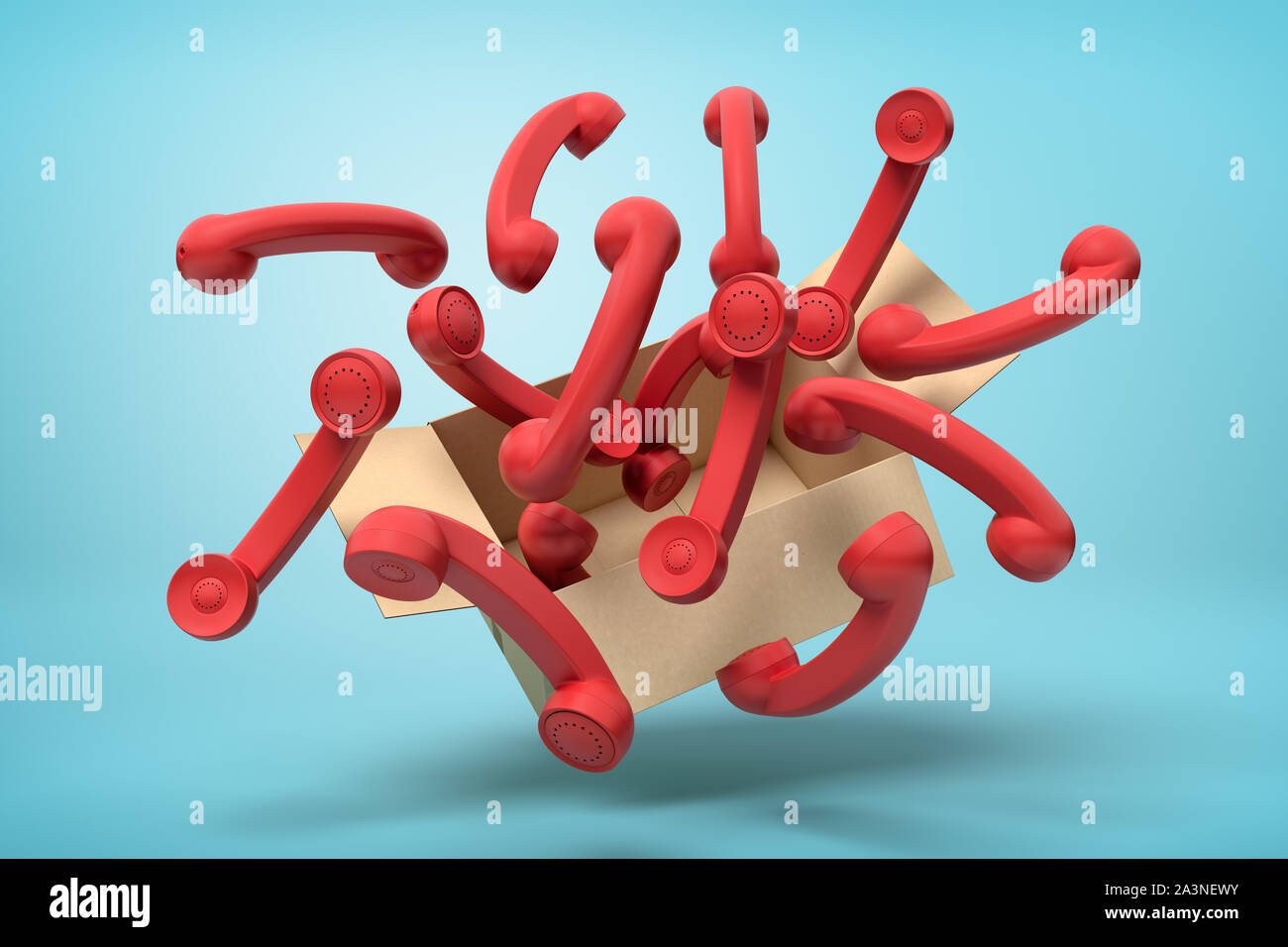 3d rendering of cardboard box suspended in air full of red landline phone receivers which are flying out on light-blue background. Stock Photo