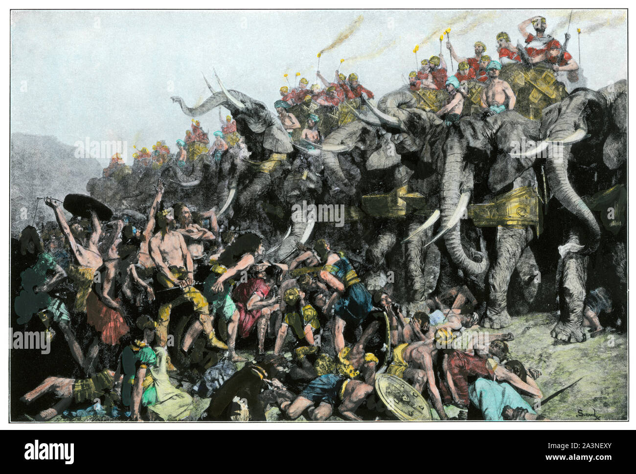 Carthaginian general Hamilcar Barca using war elephants to conquer tribesmen in Spain, 237 BC. Hand-colored halftone of a G. Surand illustration Stock Photo
