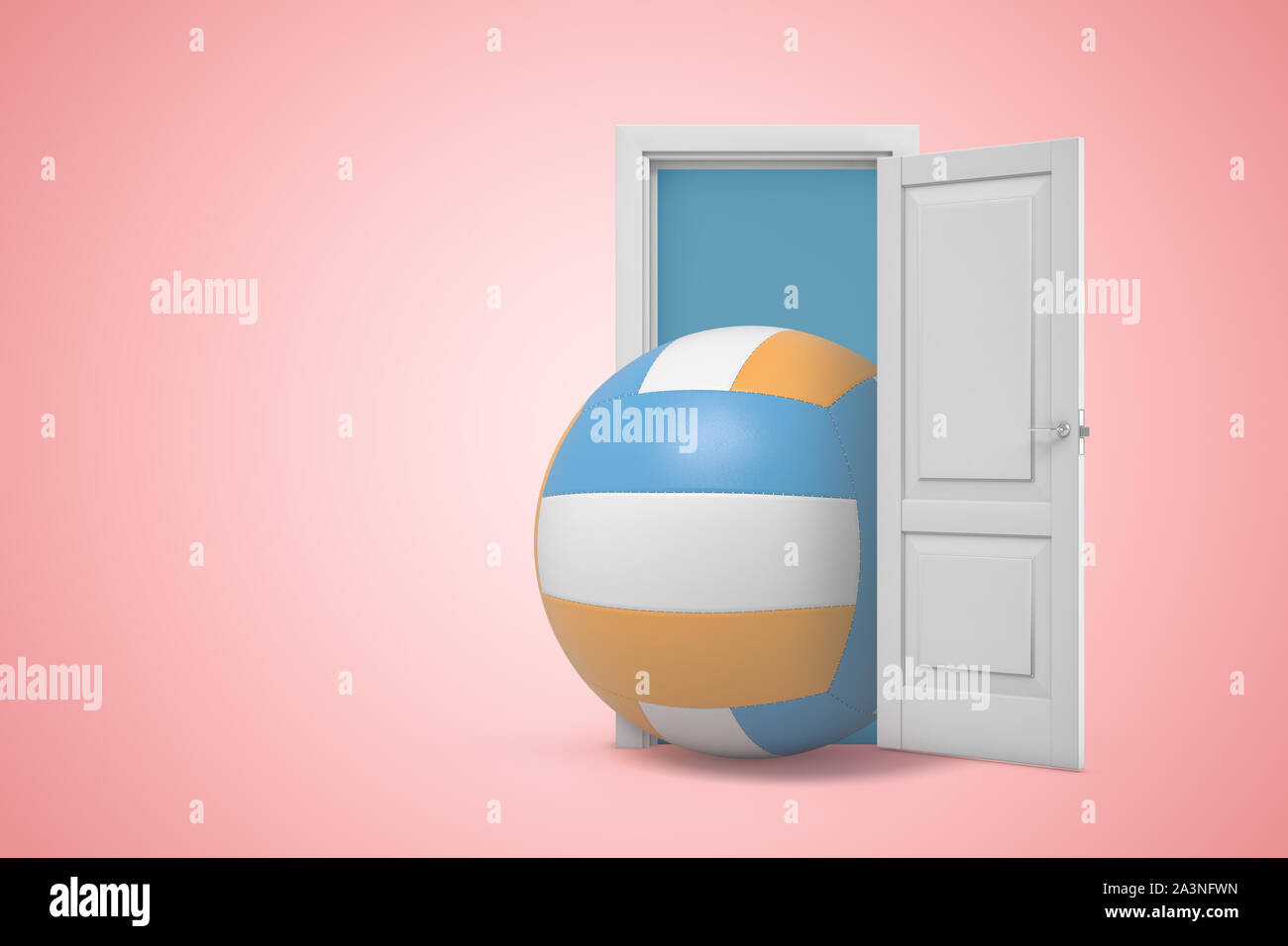 3d rendering of huge volleyball emerging from open door on pink