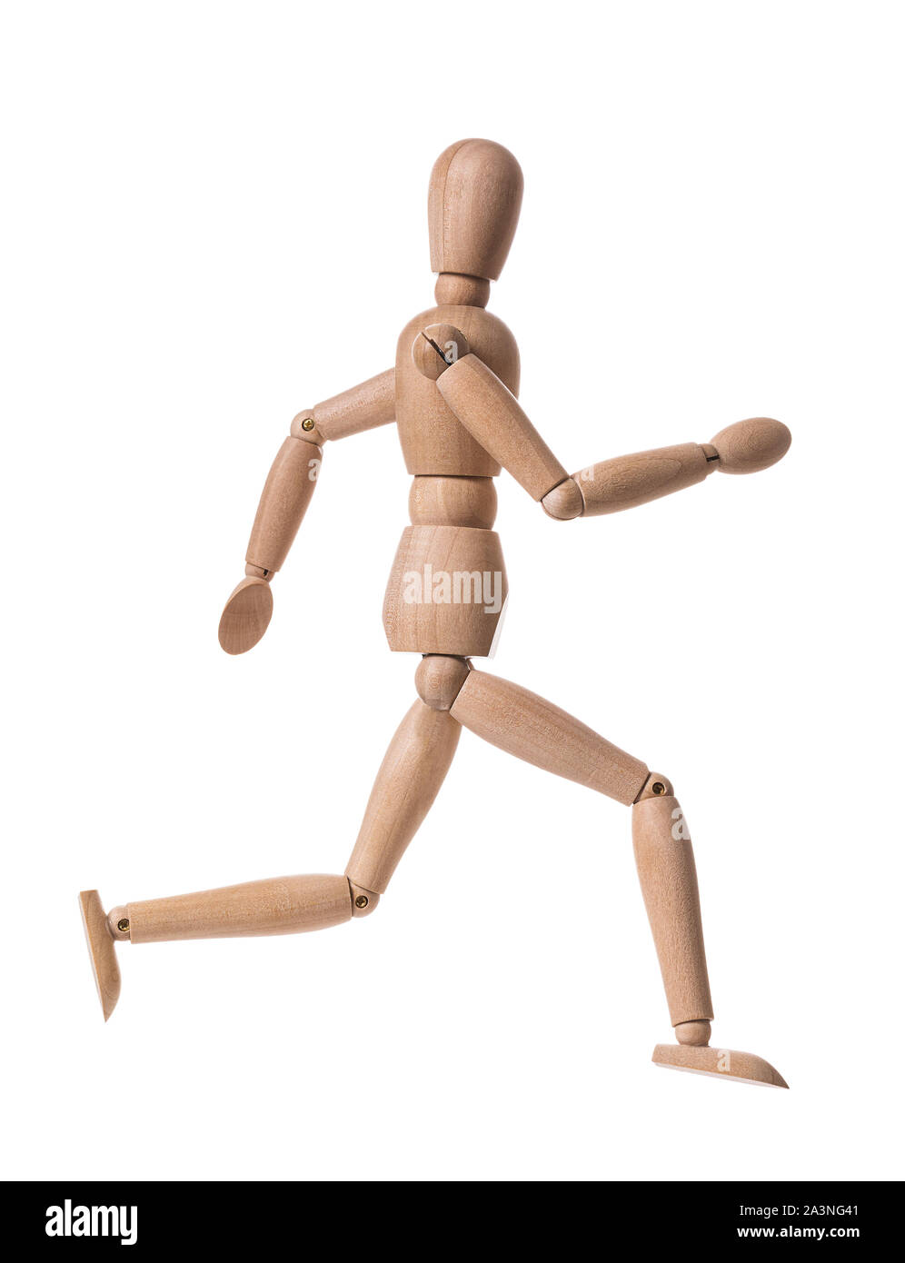 Wooden man Isolated on a white background. Gestalt in the shape of a running man. Profile view Stock Photo