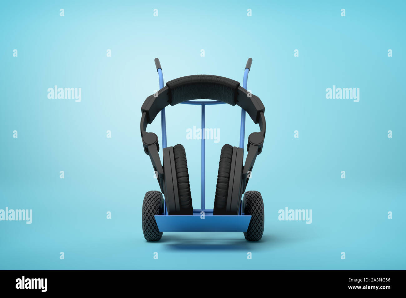 3d rendering of black headphones on a hand truck on blue background Stock Photo