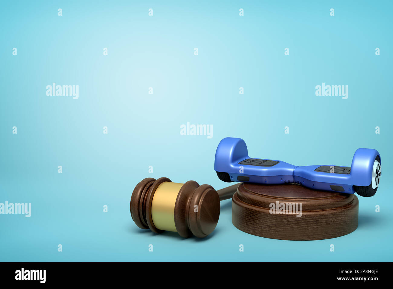 3d rendering of blue hoverboard on round wooden block and brown wooden  gavel on blue background Stock Photo - Alamy