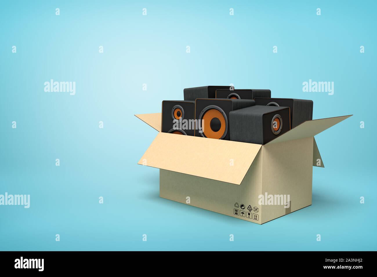 3d rendering of cardboard box full of black audio speakers on blue background. Stock Photo