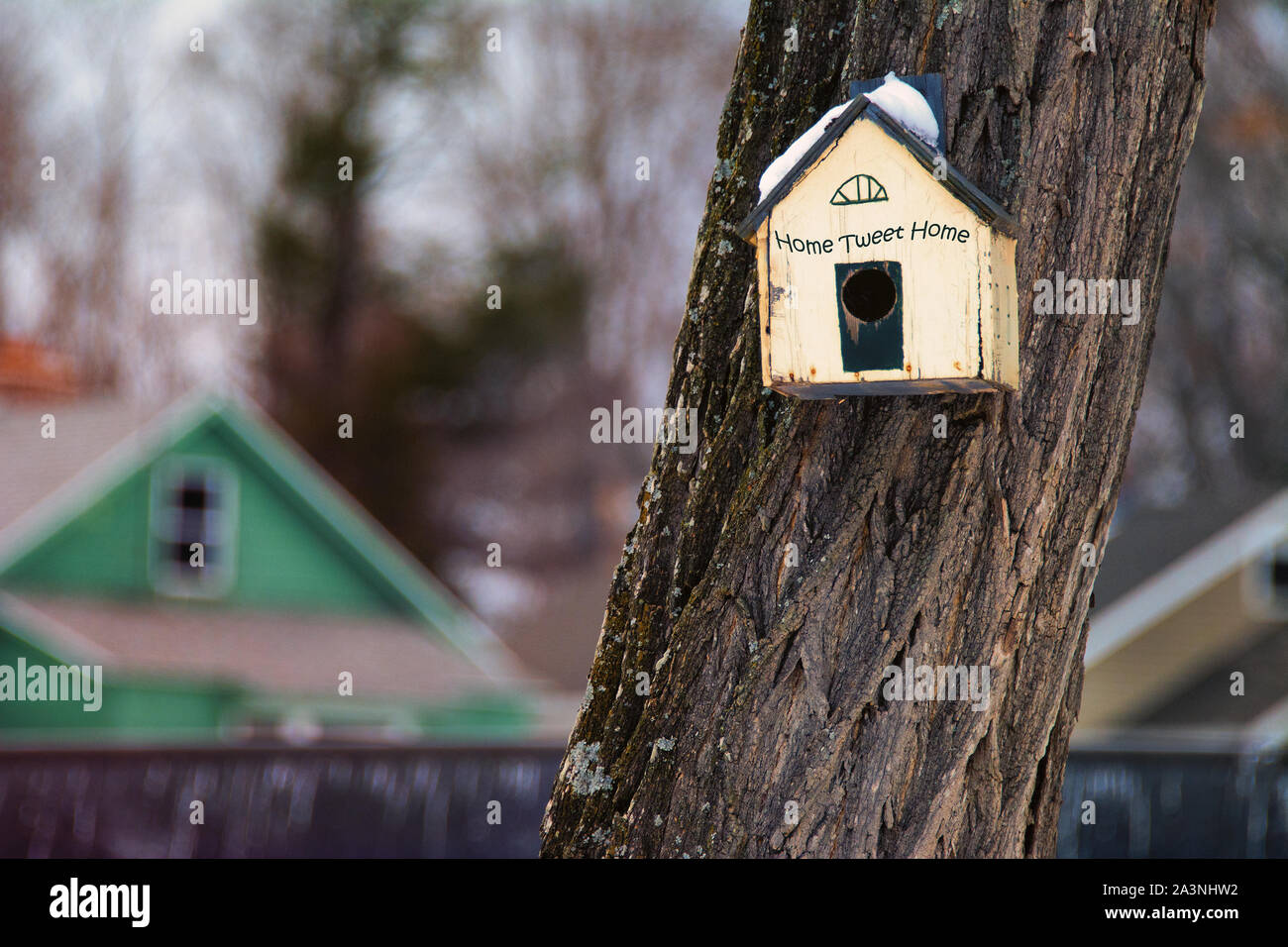 Birdhouse with "Home Tweet Home"  slogan Stock Photo