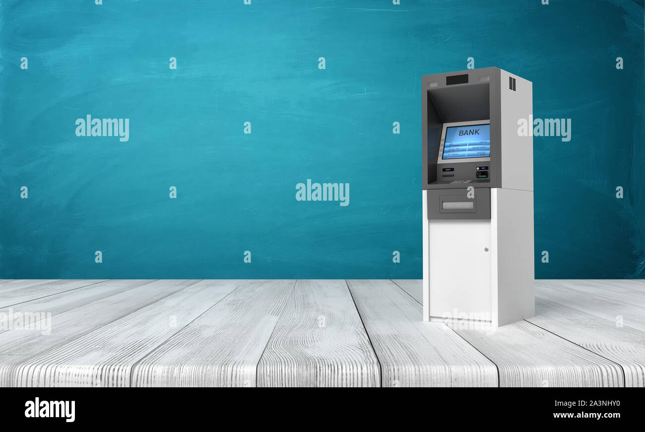 3d rendering of ATM machine on white wooden floor and dark turquoise background Stock Photo