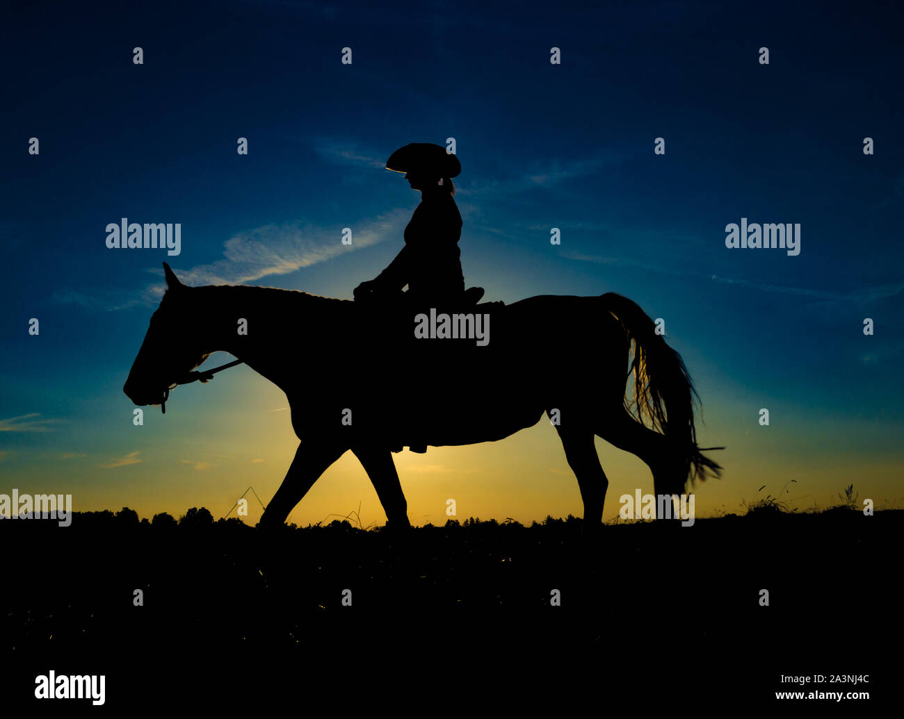 Silhouette cowgirl riding on open plain in western at sunrise Stock Photo