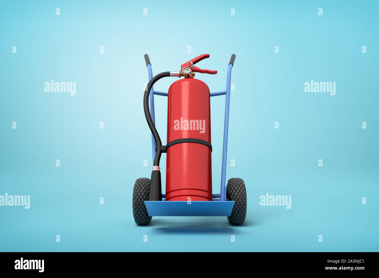 3d rendering of big red fire extinguisher on blue hand truck that is standing in half-turn on light-blue background with copy space. Stock Photo