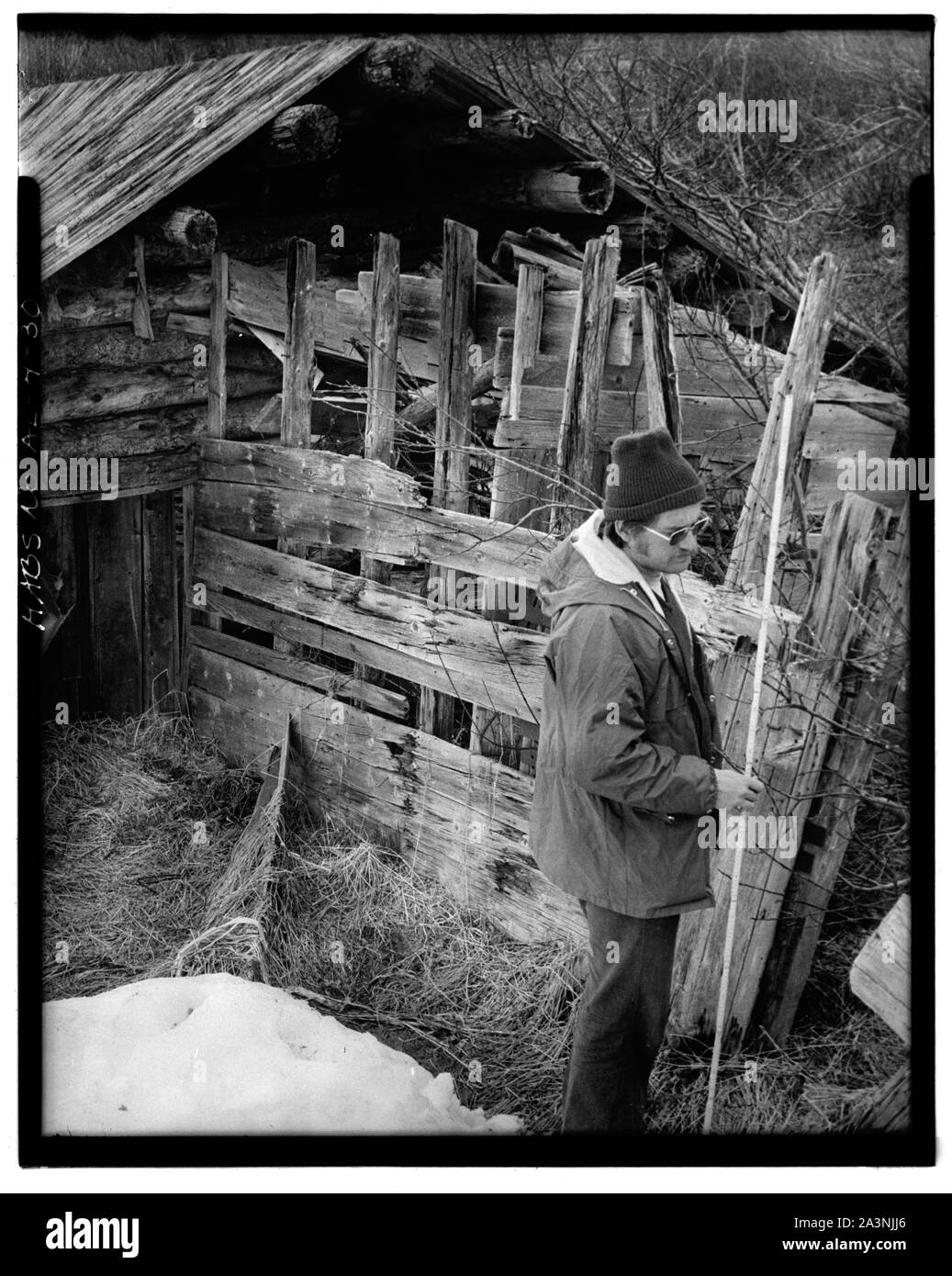 SOUTH SIDE OF ANIMAL PEN AND EAST SIDE OF GARAGE (BUILDING B AND A) - Dalton Trail Post, Mile 40, Haines Highway, Haines, Haines Borough, AK Stock Photo