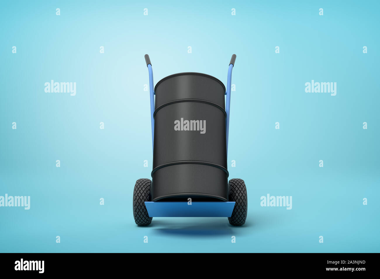 3d rendering of black barrel standing on top of blue hand truck on light-blue background. Stock Photo