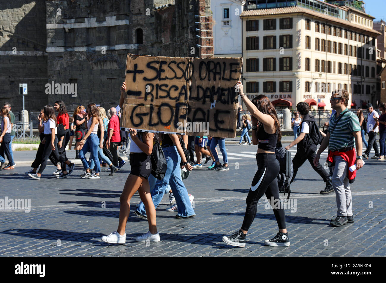 27 Sep 2019. Fridays for future. School strike for climate. Italian teenagers with a cardboard placard in Rome, Italy. Stock Photo