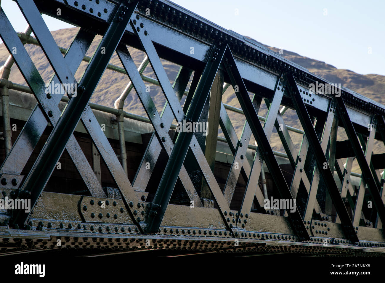 Old steel rail bridge spanning a scottish loch girder and construction detail Stock Photo