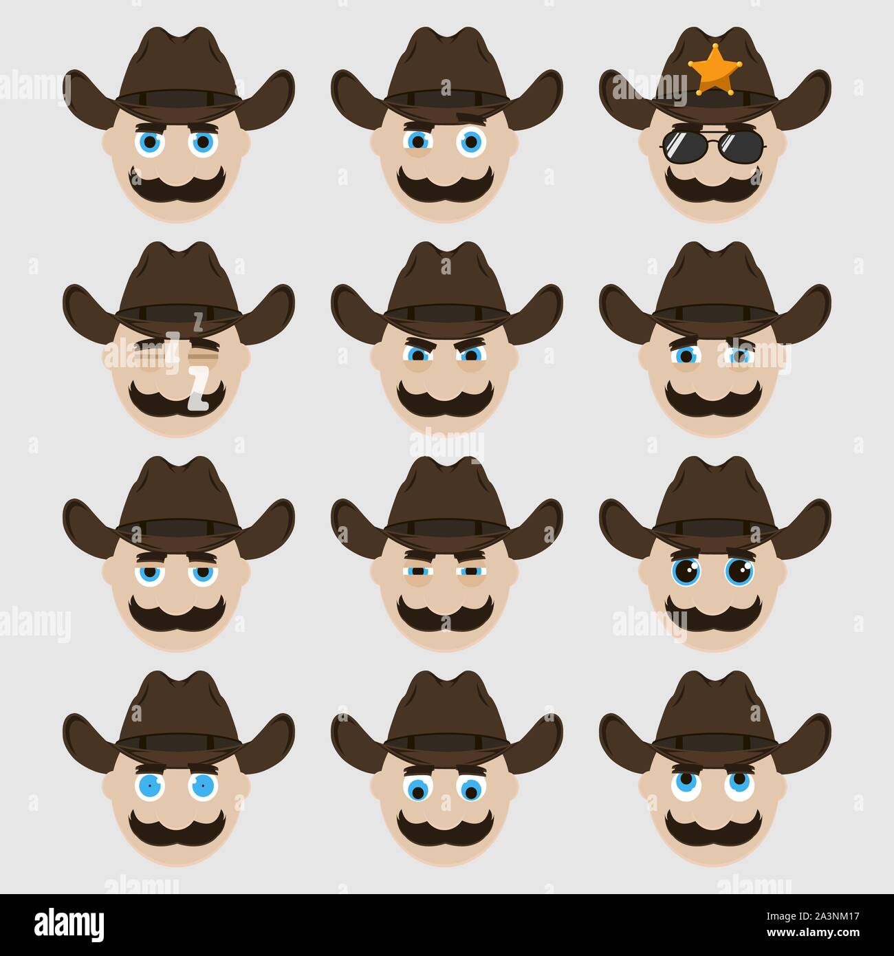 Set of cute cowboy emoticons. Vector illustration Stock Vector Image