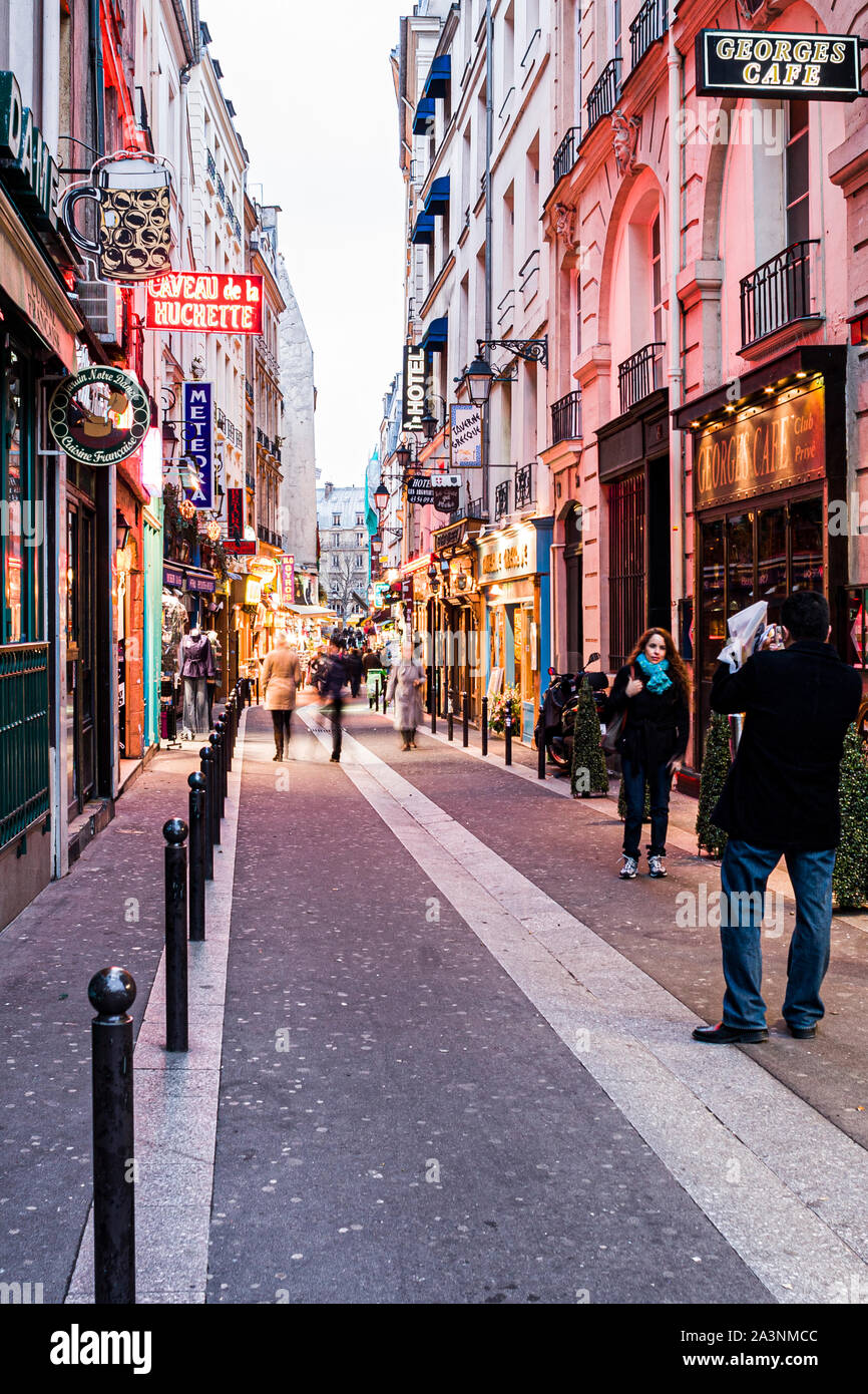 Rue de la Huchette, in Quartier Latin, at evening. Paris, France Stock