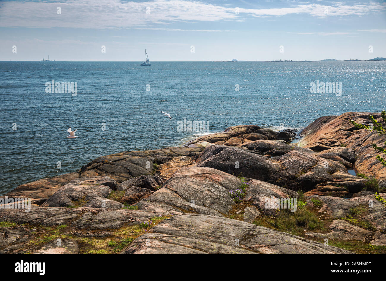 Beautiful Finnish landscape, rocky shores of the Gulf of Finland on a sunny spring day, Suomenlinna, Helsinki, Finland Stock Photo