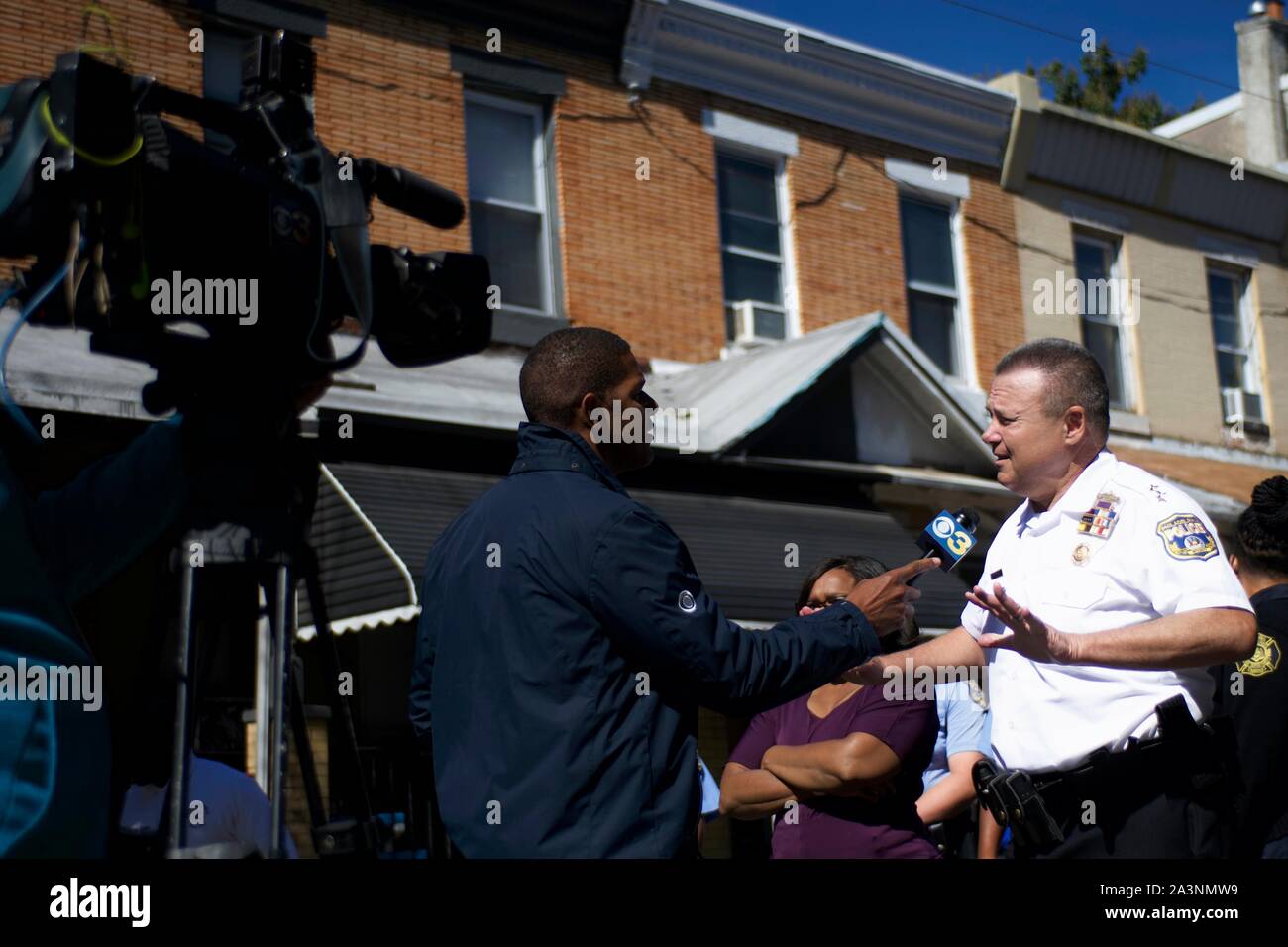 Deputy Commissioner Joseph Sullivan is interviewed during a block party on Sunday October 5, 2019 at the site of the August Police shooting and hours Stock Photo
