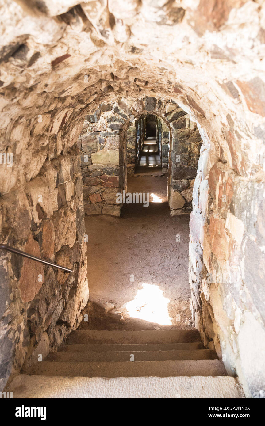 Long corridor inside the fortress walls of the Suomenlinna Fortress (or Sveaborg), Helsinki, Finland. Stock Photo