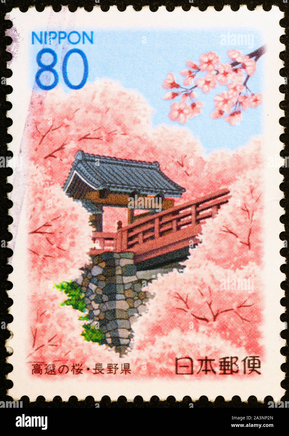 Cherry blossoms on postage stamp of Japan Stock Photo