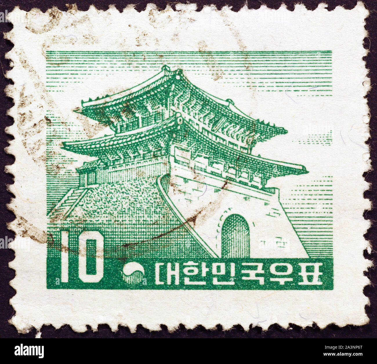 Japanese castle on vintage postage stamp Stock Photo