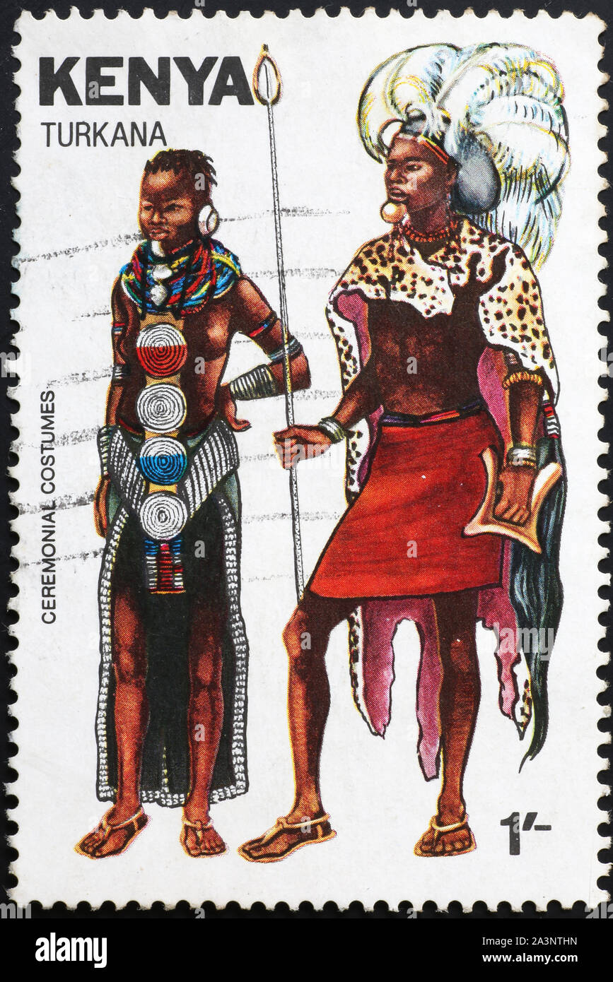 Turkana ceremonial costumes on kenyan postage stamp Stock Photo