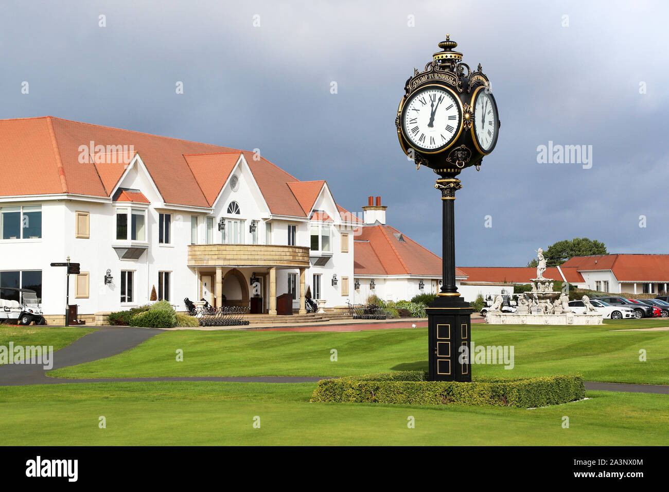 Clubhouse and logo'ed clock at Trump Turnberry golf course, Turnberry ...