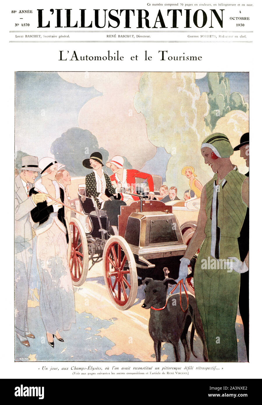 Automobile and Tourism Vintage Poster form an L'Illustration magazine cover, 1930. Redacted, enhanced and corrected. Stock Photo
