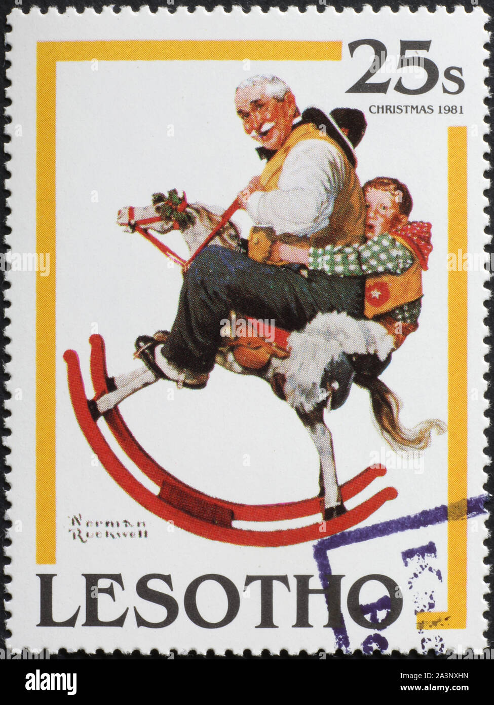 Grandfather and grandchild playing together in Rockwell illustration, postage stamp Stock Photo