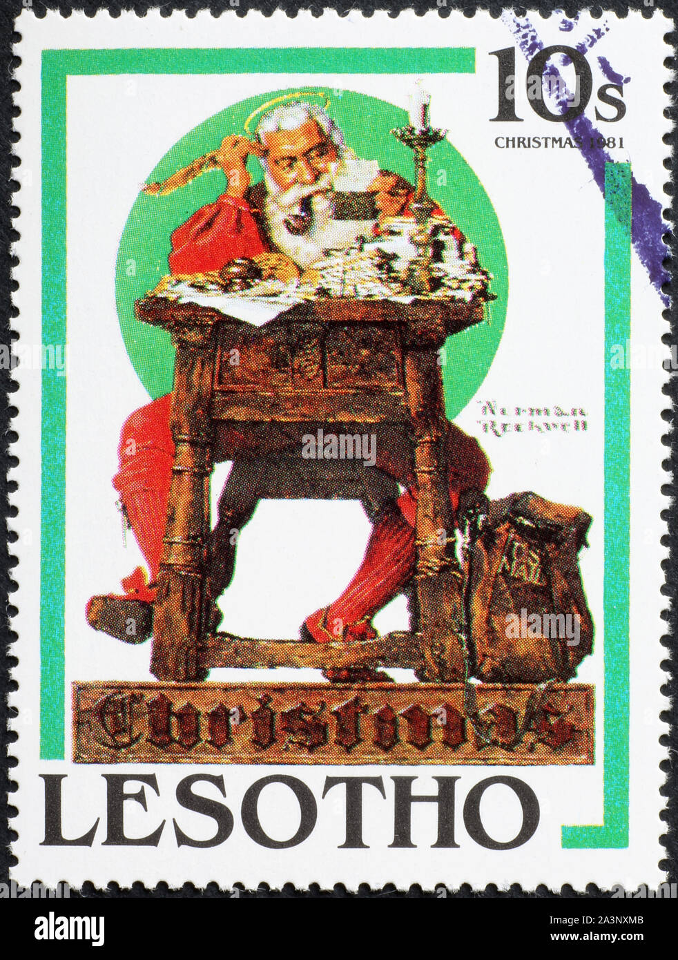 Santa Claus reading letters on stamp, illustration by Norman Rockwell Stock Photo