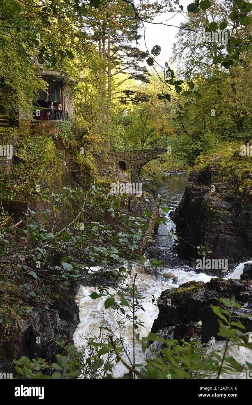 The spectacular Black Linn Falls and Ossian's Hall at the Hermitage in Dunkeld, Perth and Kinross, Scotland, UK, Europe Stock Photo