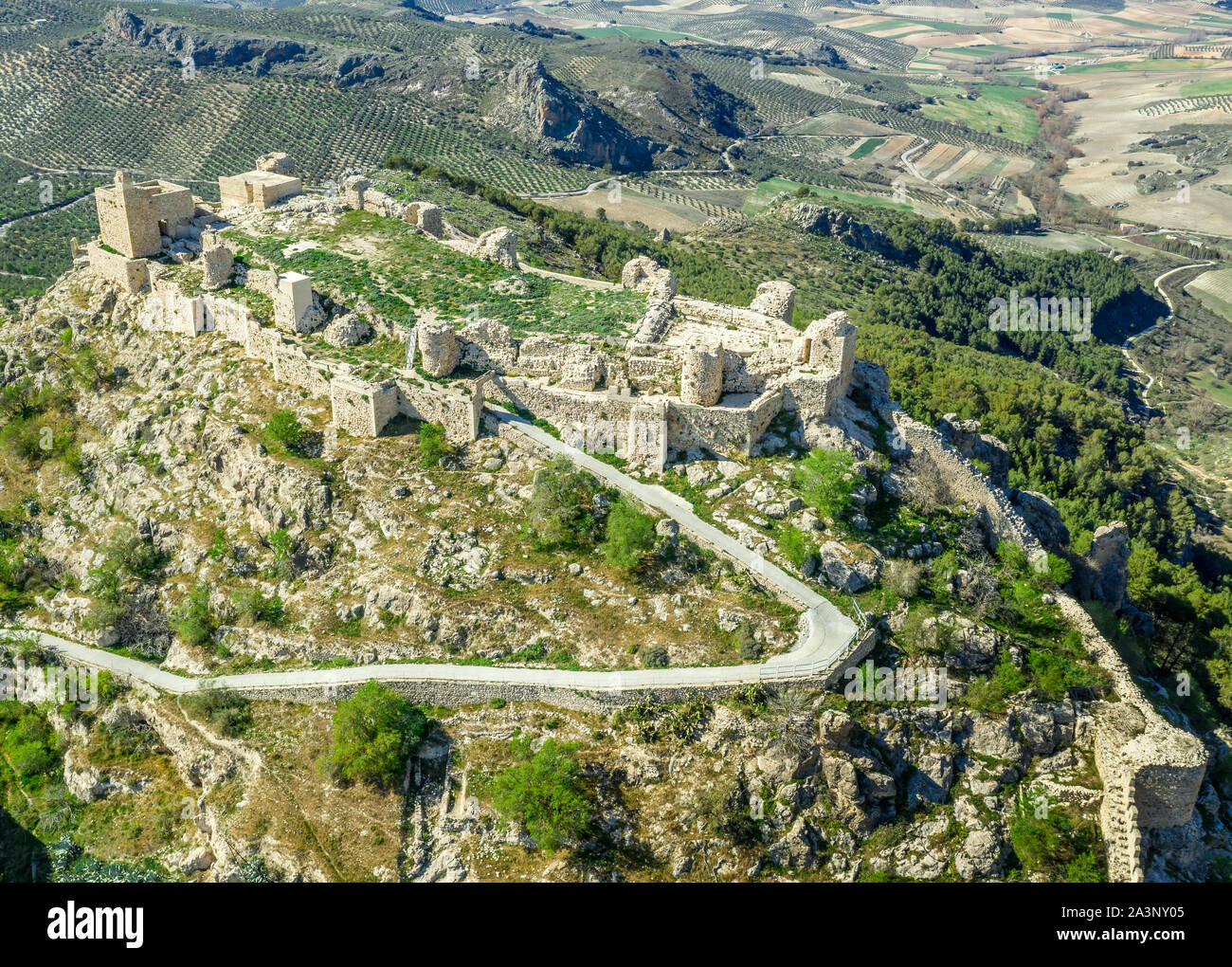 Moncin medieval walled picturesque village in Andalusia close to Granada with ruined castle aerial view one of the most beautiful villages of Spain Stock Photo