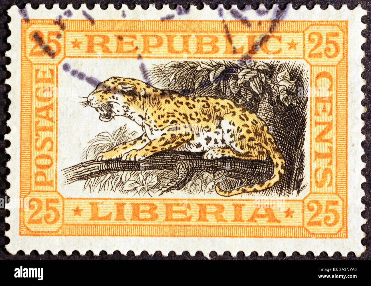 Leopard on vintage postage stamp of Liberia Stock Photo