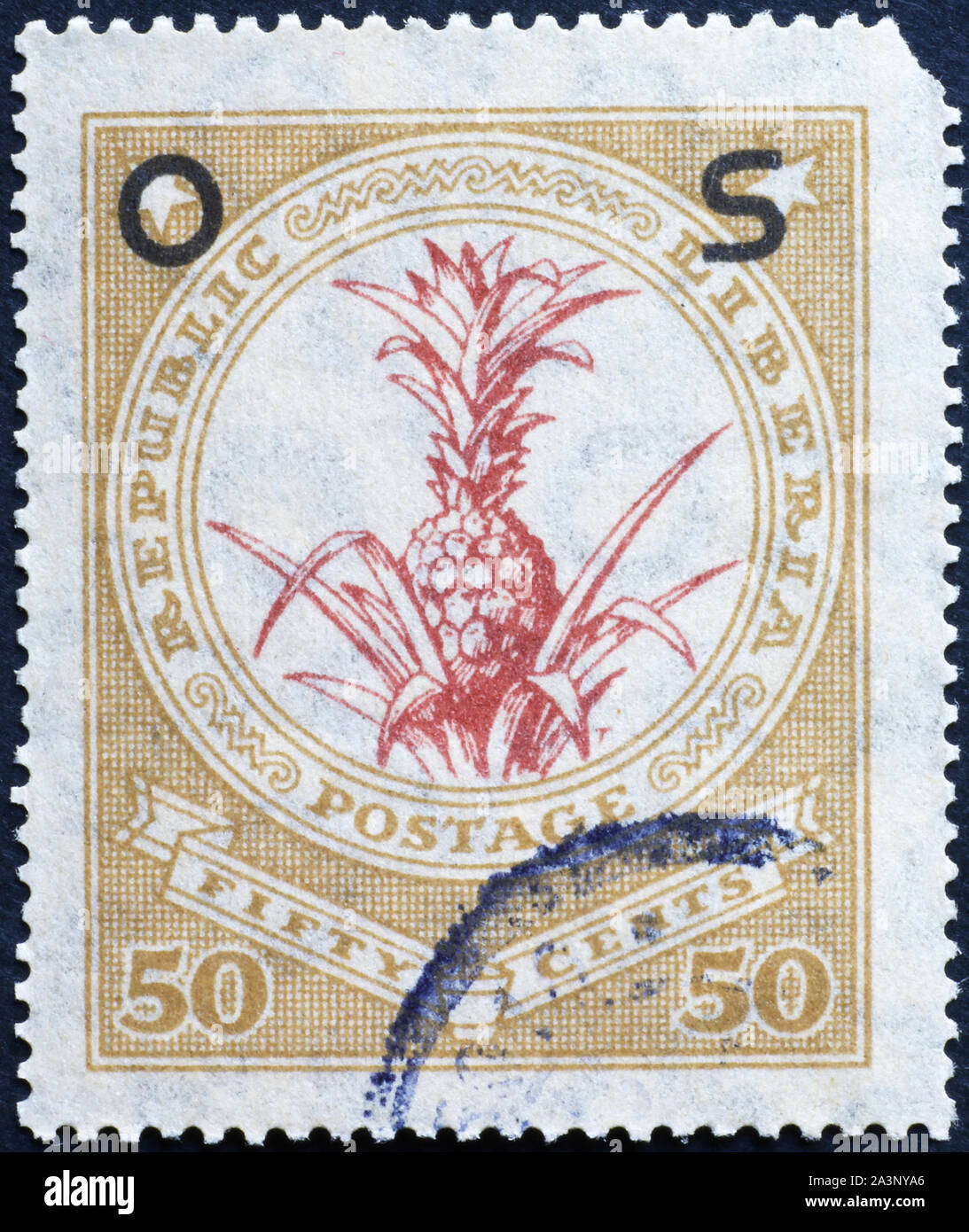 Pinapple on ancient postage stamp of Liberia Stock Photo