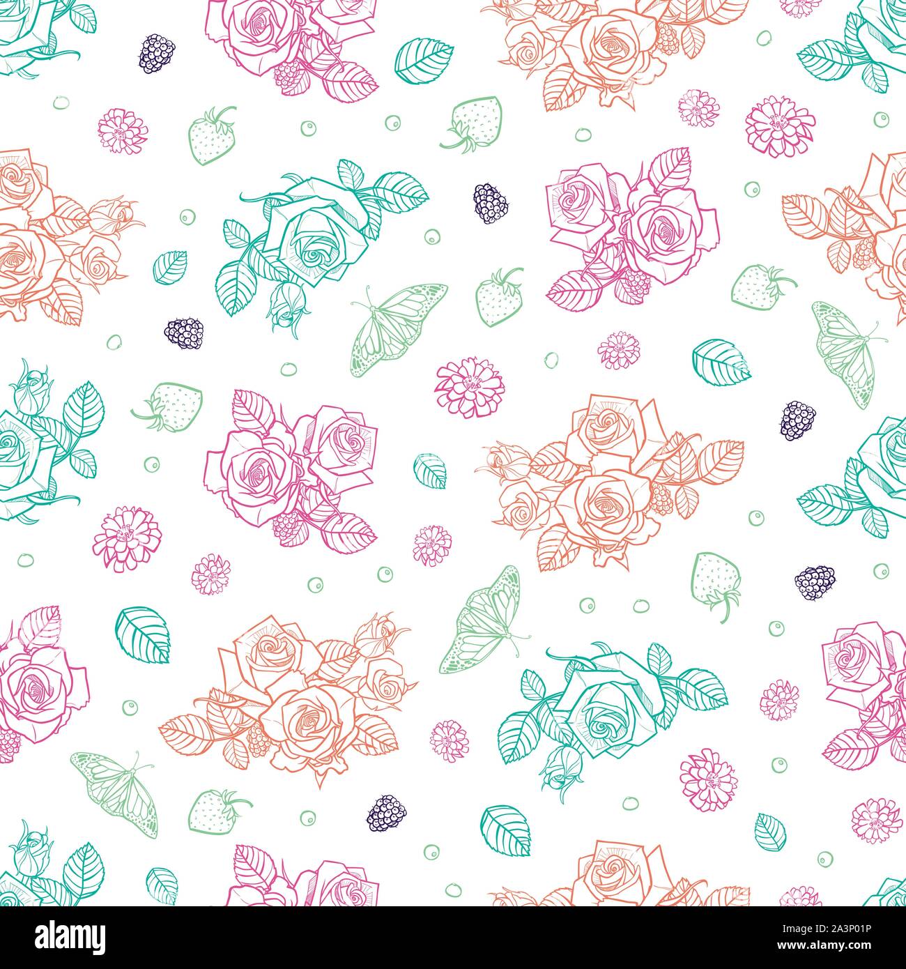 Vector white spaced out roses and berries seamless pattern. Perfect for fabric, scrapbooking and wallpaper projects. Stock Vector