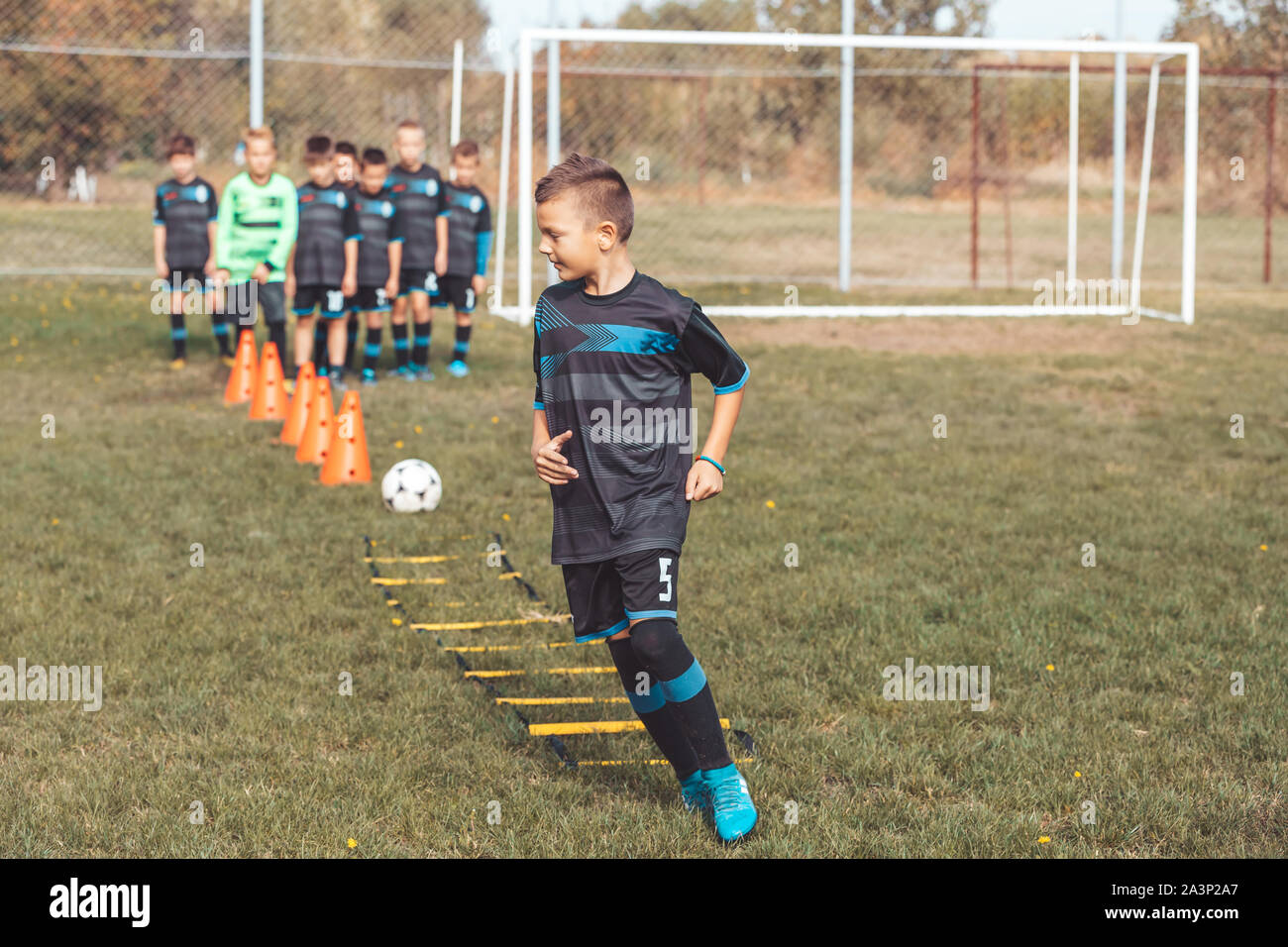 Ladder drills exercises for football Soccer Team. Young player